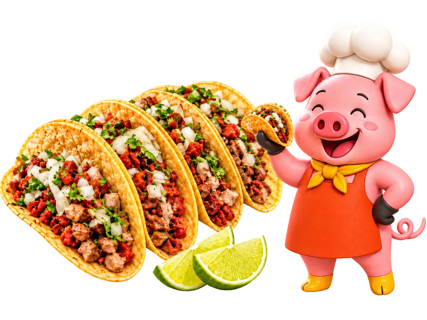 Chef cerdito ofreciendo tacos